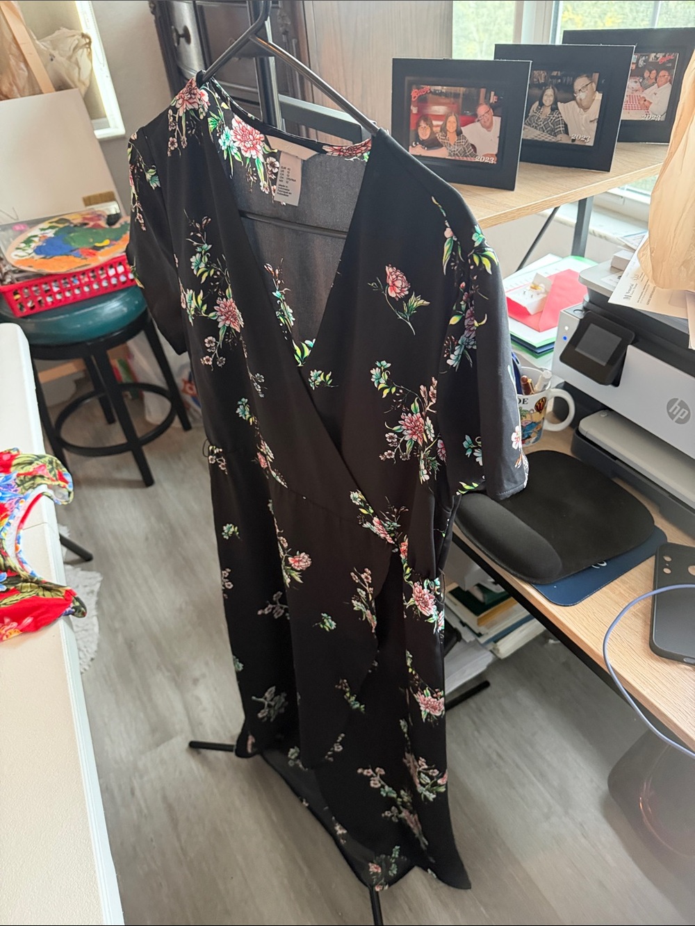 H&M Black Midi Wrap Dress with Pink and Green Floral Print - Picture 8 of 9